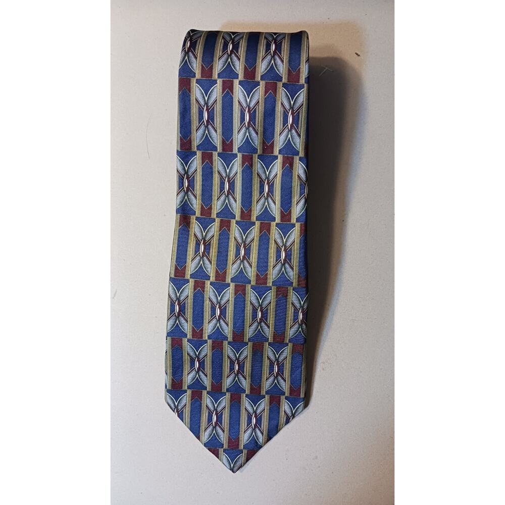 Henry Grethel 100% Silk Tie Red Gray Gold Blue Geometric Mens Necktie 58 x 4